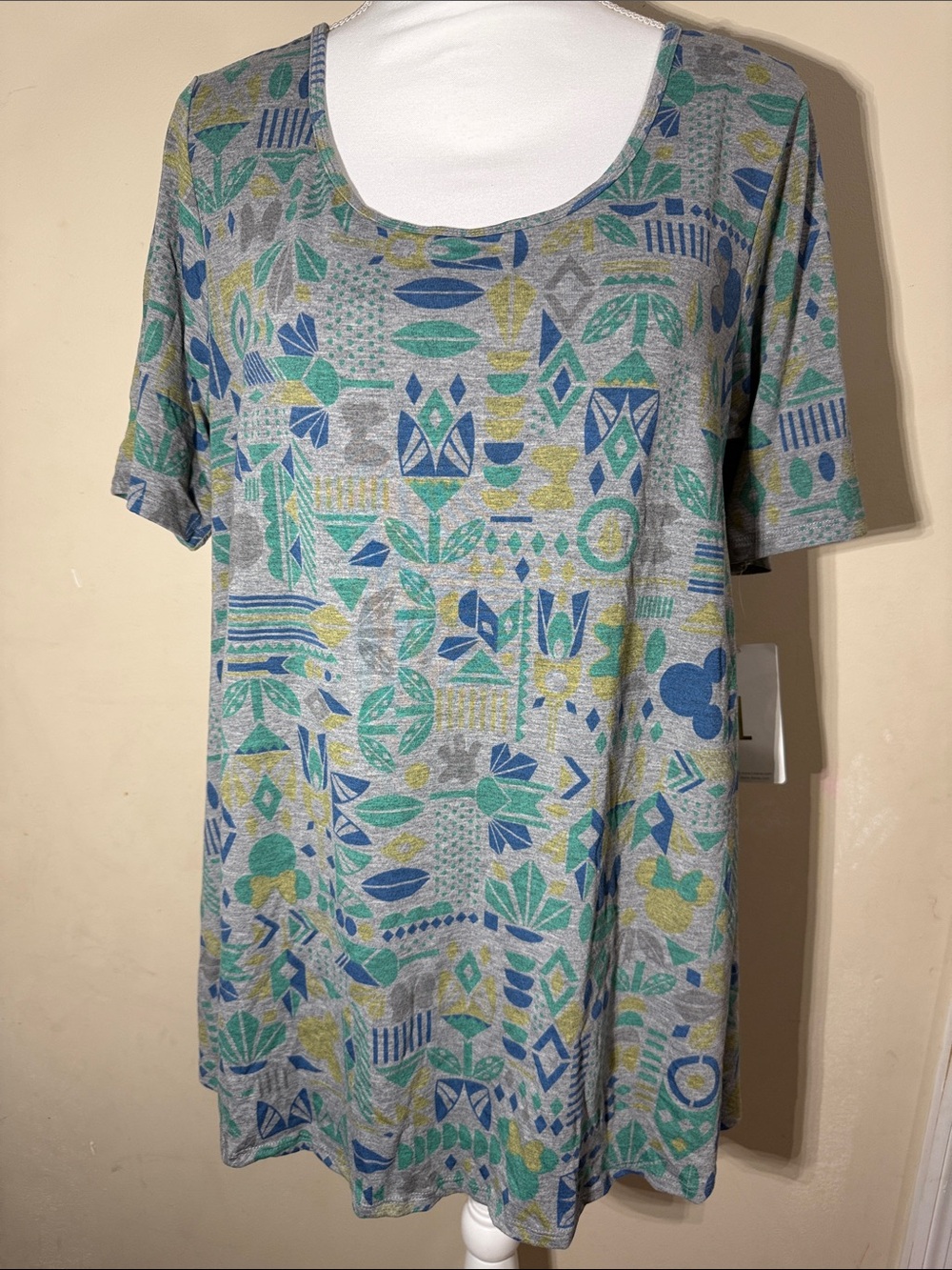 LuLaRoe Gray Scoop Neck Tee with Blue & Green Geometric Print Disney Collection
